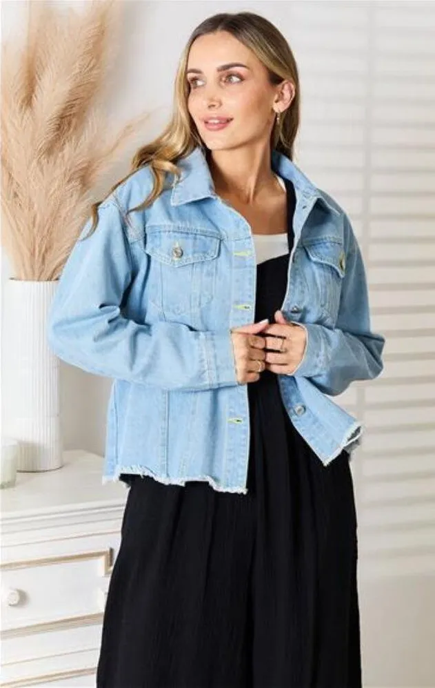 Double Take Dropped Shoulder Raw Hem Denim Jacket