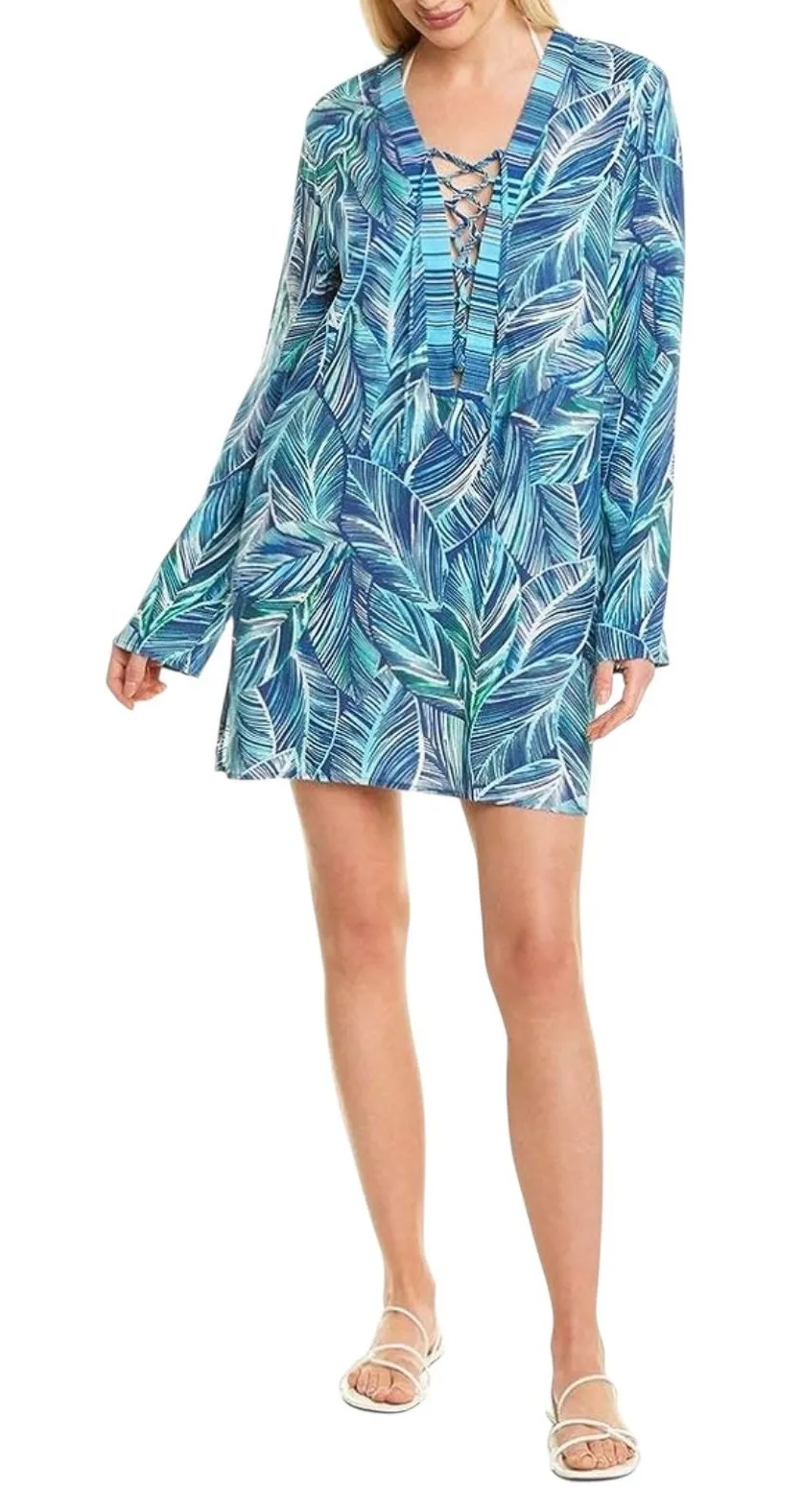 La Blanca Cover Up Tunic Dress Blue Green Palm Leaf Print Womens Medium