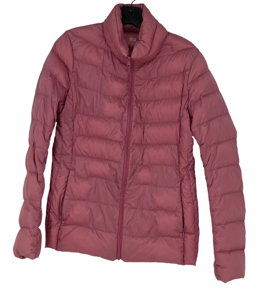 UNIQLO Women Puffer Jacket Pink Lightweight Down Filled Full Zip Hooded Size M