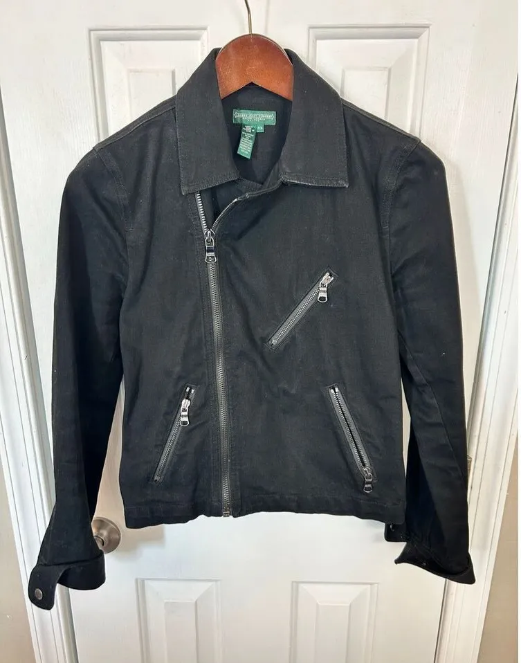 Lauren Jean company black moto style Jean jacket size P Medium with zippers & st