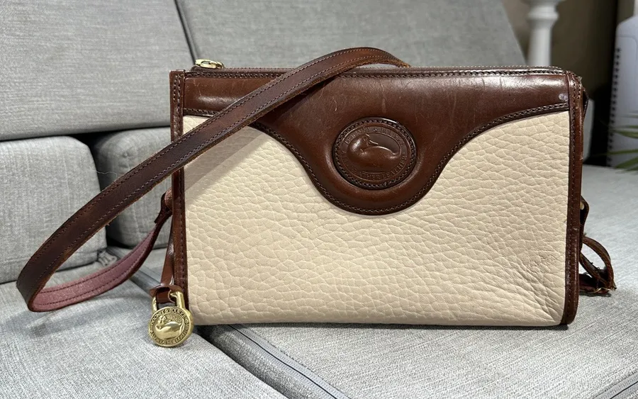 Dooney & Bourke Vintage Ivory Brown Leather Crossbody Bag Classic Zip Top
