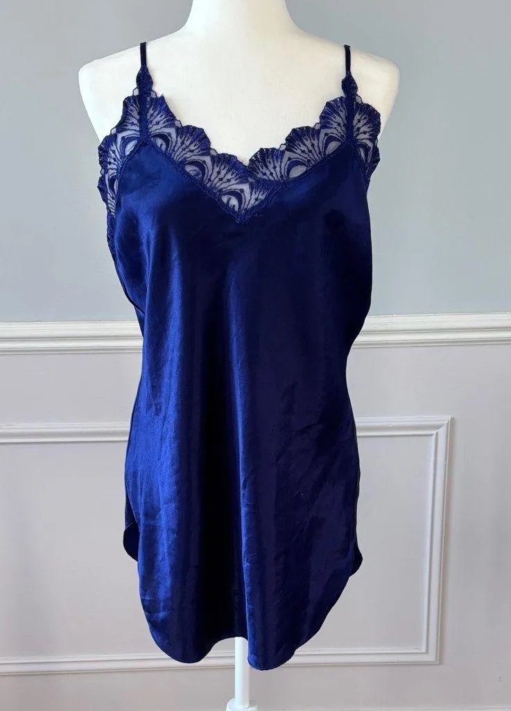 Victoria Secret Gold Label Satin Lace Trim Navy Sz L Lingerie Slip Dress