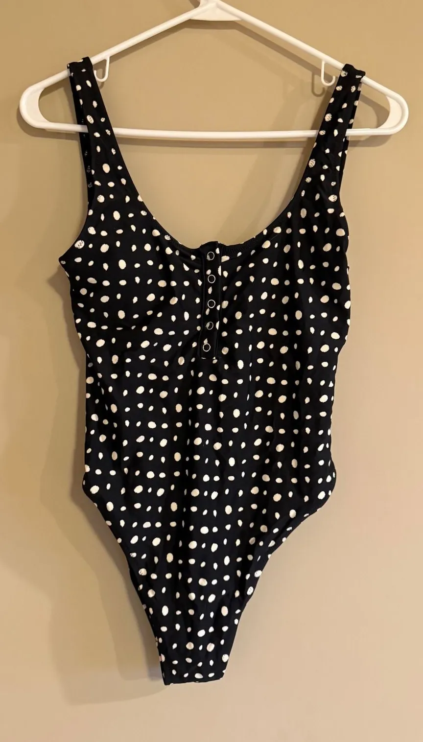 Aerie Polka Dot Henley One Piece Swimsuit Black White Scoop Neck High Cut Medium