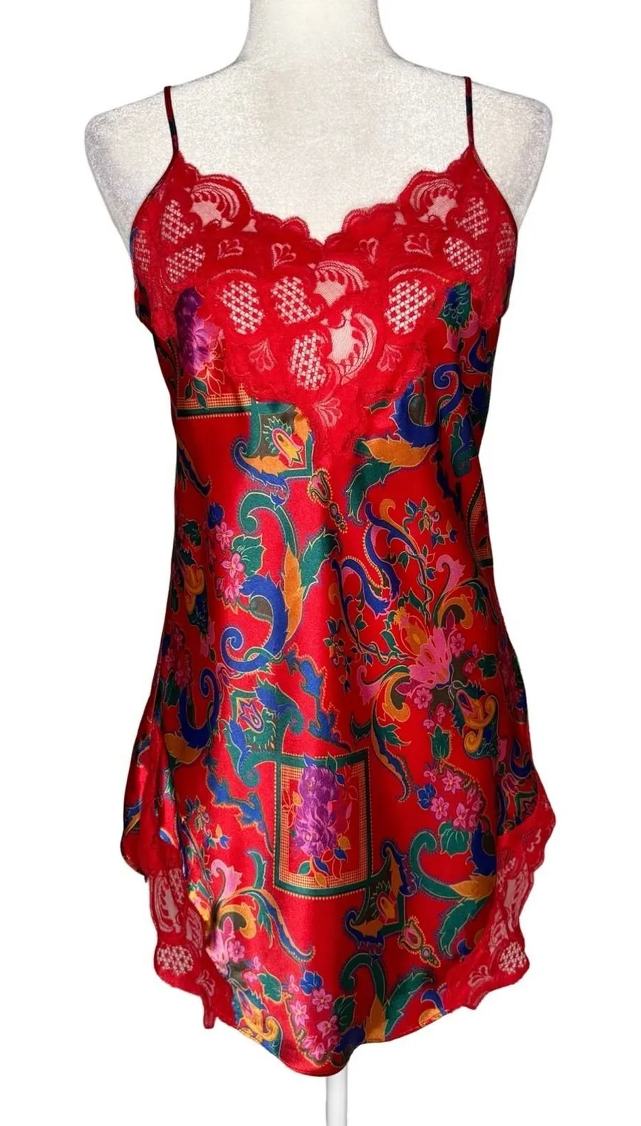Victoria's Secret Vintage Gold Label Slip Dress Chemise S Red Lace Paisley Satin