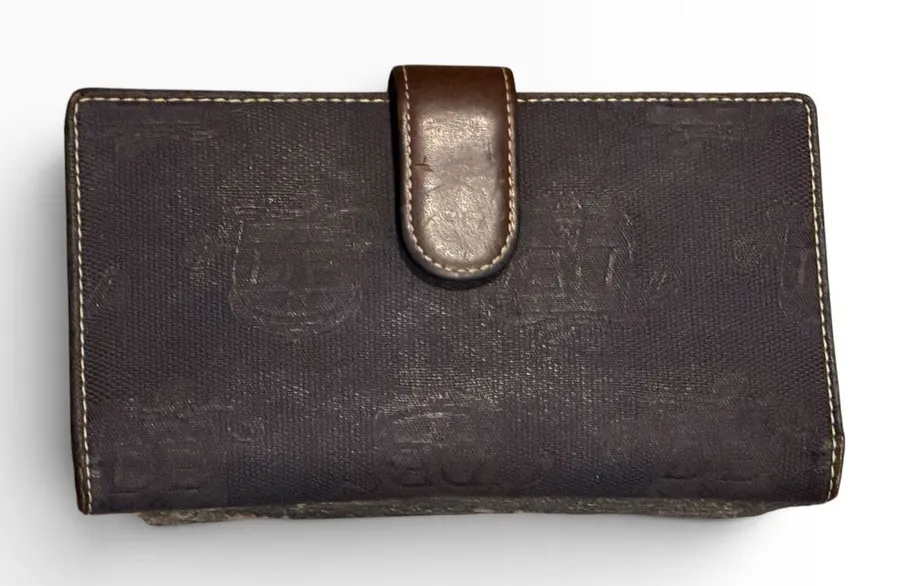Dooney & Bourke Monogram Jacquard Leather Trim Bifold Long Wallet Brown Vintage