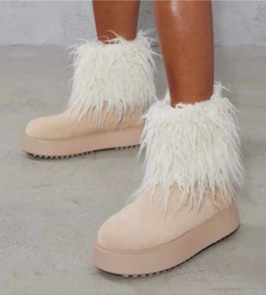 PRETTYLITTLETHING Cream Faux Suede Contrast Faux Fur Ankle Boots NWT