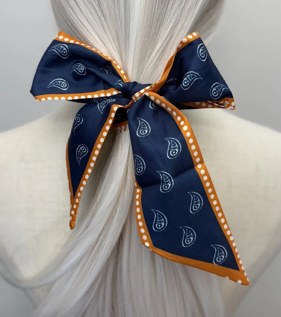 Navy Blue Paisley Skinny Scarf Orange Trim Hair Tie Twilly Neck Scarf
