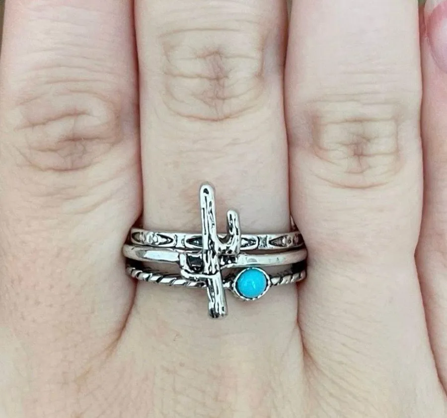 Saguaro Cactus and Turquoise Stacking Ring Set Size 8 Silver
