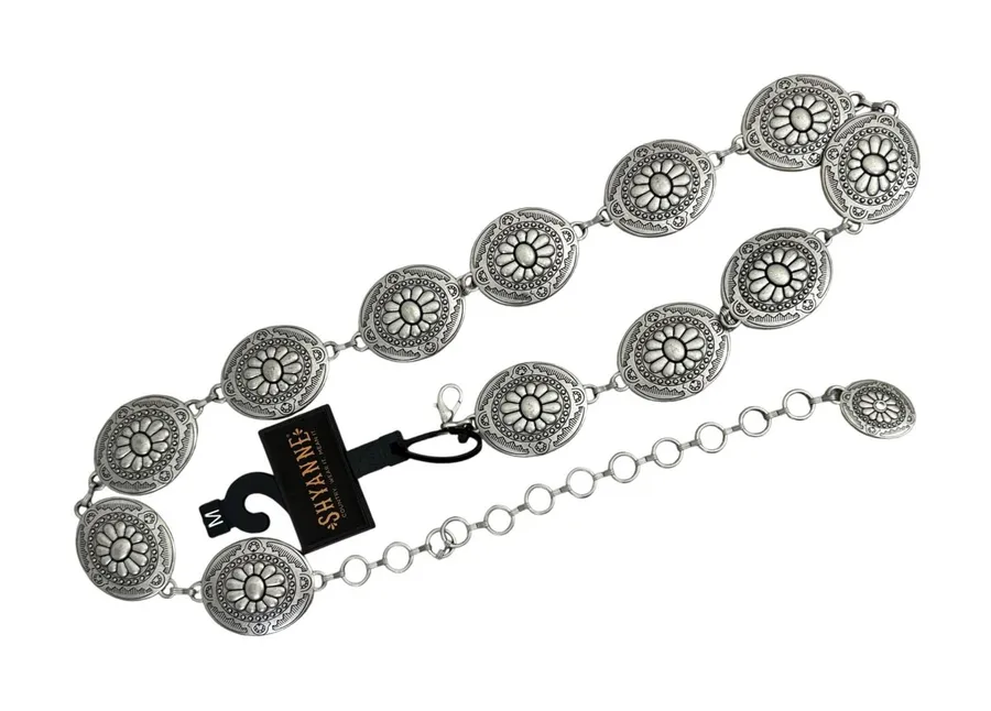 Shyanne Belt Womens Medium Silver Concho Chain Link Western Cowgirl Floral Boho