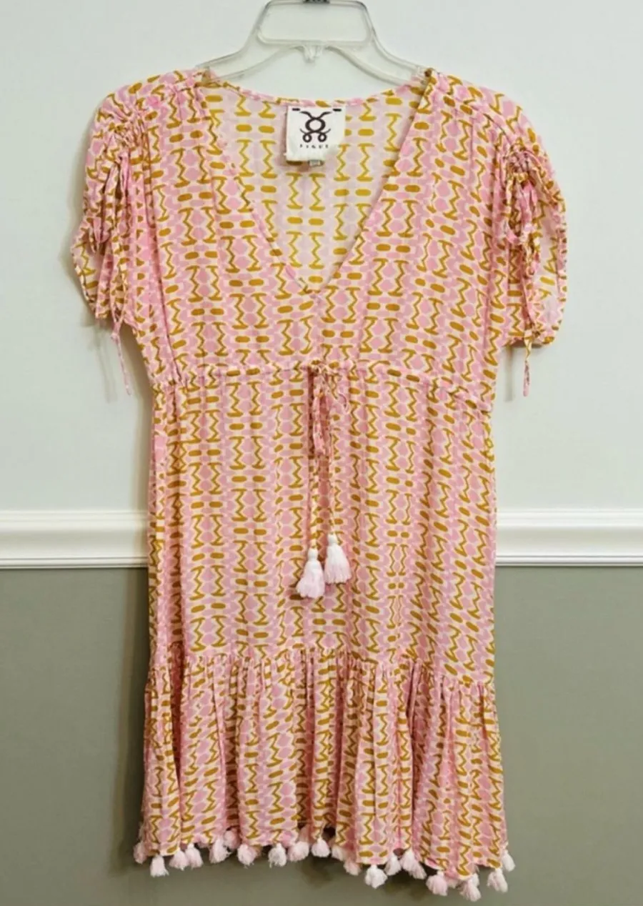Figue Pink White Brown Geometric Tassel VNeck Tie Cinch Waist Dress Cover