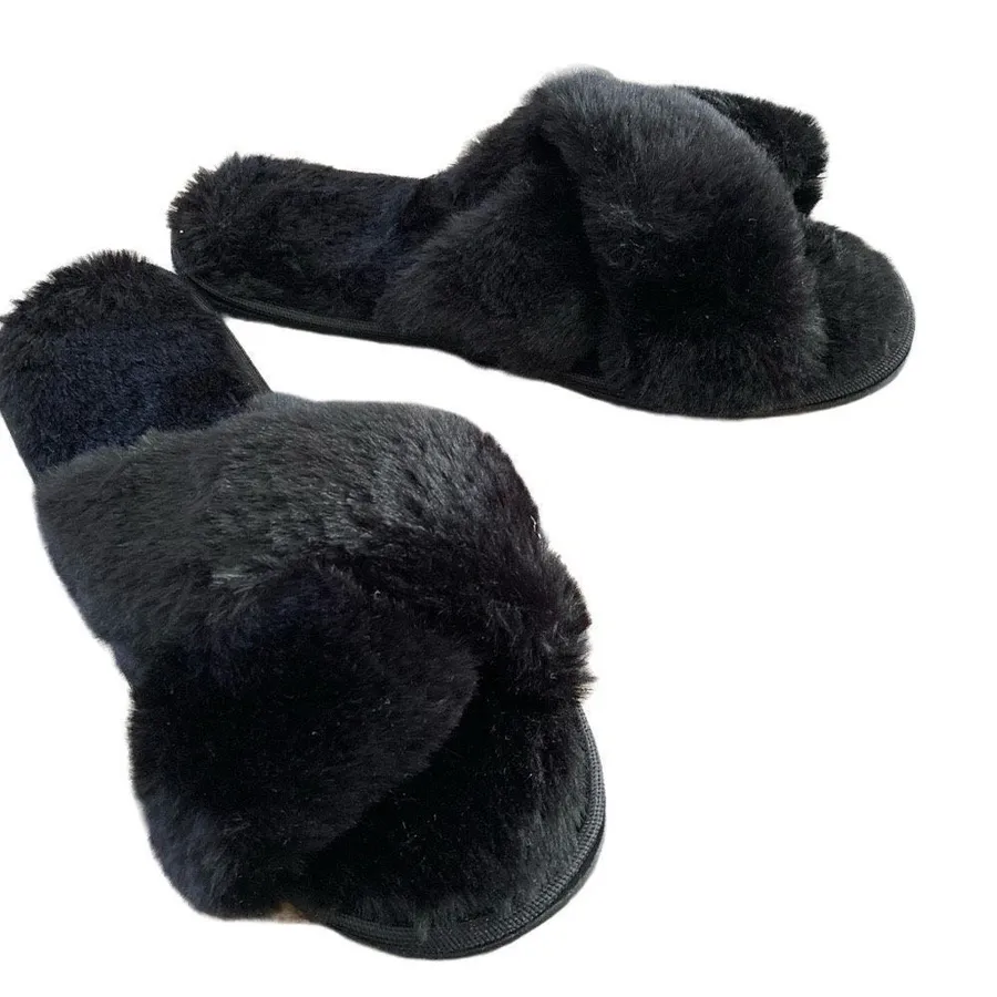 Faux Fur Hard Bottom Slippers Slides Animal Furry Fuzzy Lounge Loungewear Black Size 6.5