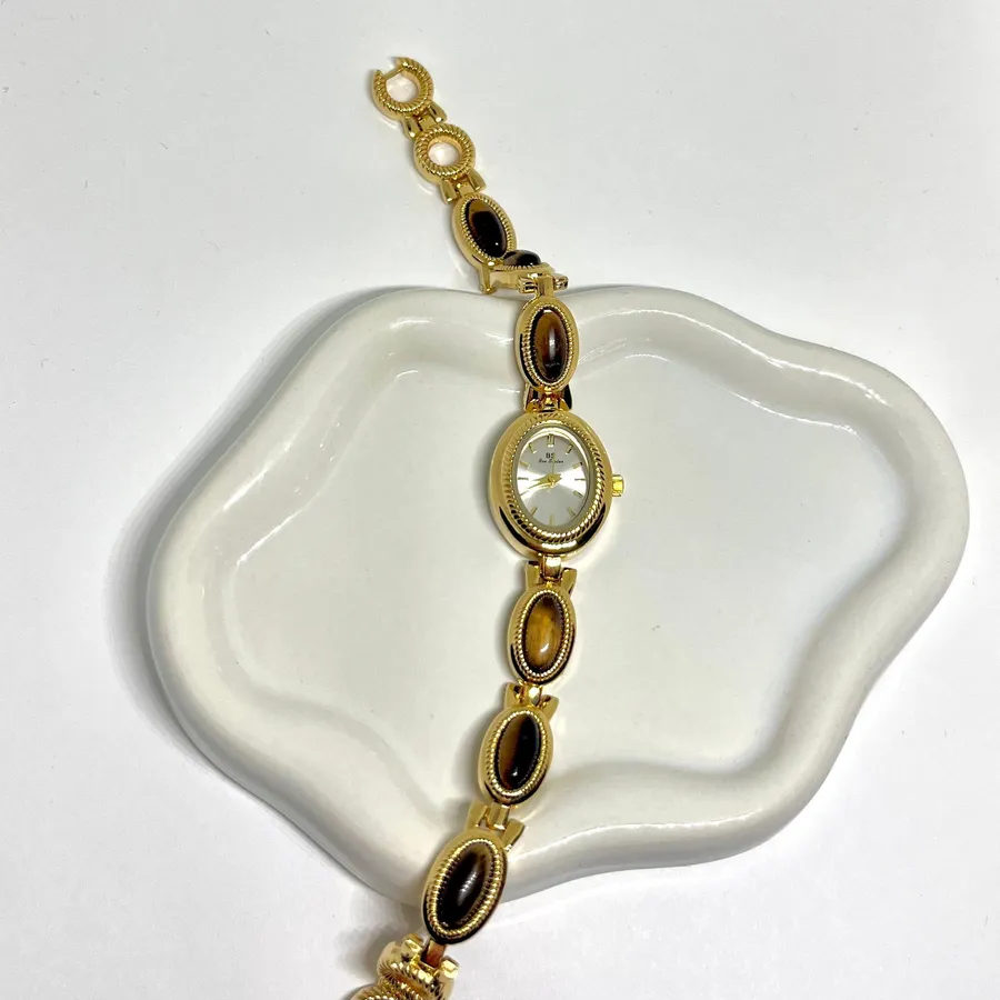 Vintage Style New Gold Plates Brown Stone Tiger Eye Stone Luxury Watch