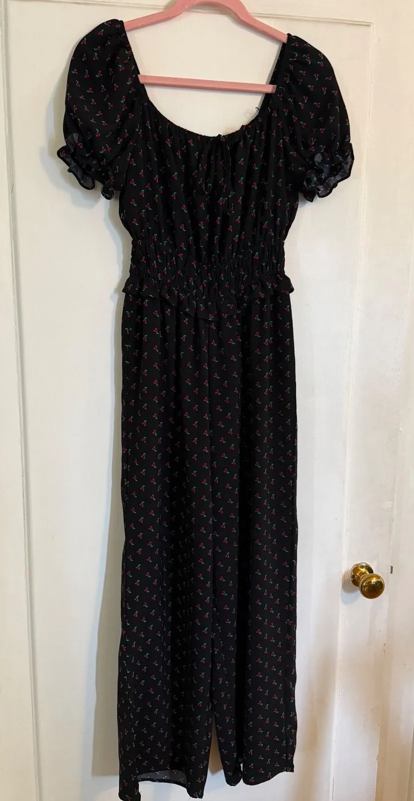 Liberty Love Womens Black Cherry Print Smocked Waist Wide Leg Jumpsuit Small