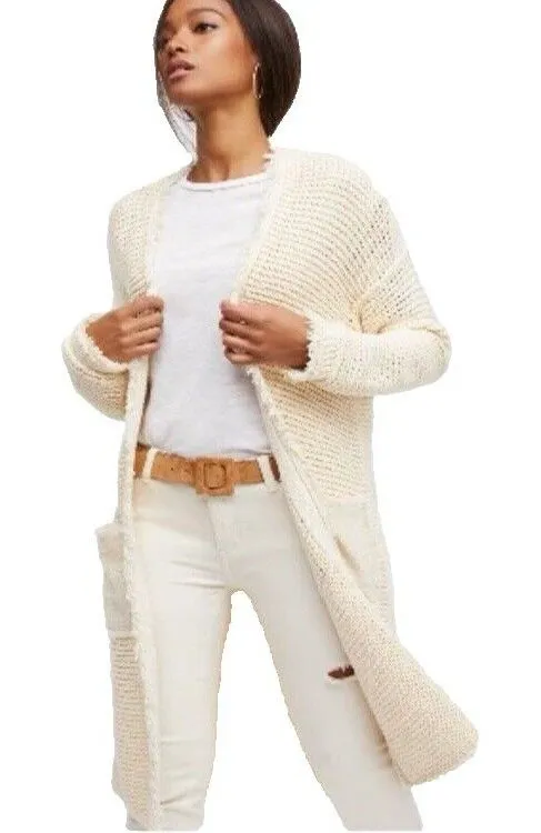 Free People Wouldn't Knit Be Nice L LongLine Ivory open front Cardigan