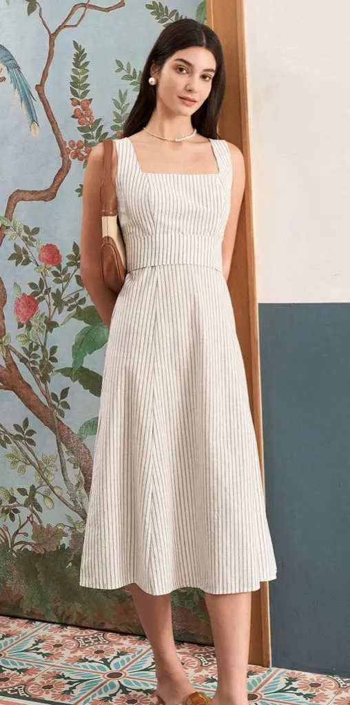 Rihoas White Square Neck Striped Midi Dress Size L