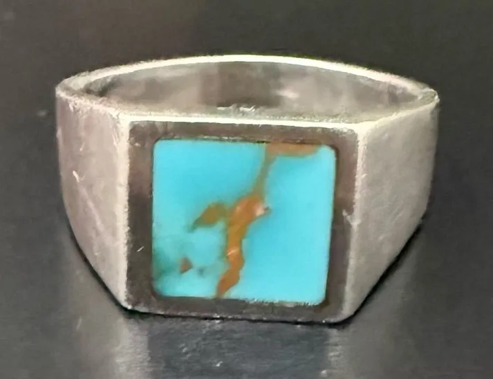 Vintage Sterling Silver Turquoise Inlay Signet Ring Size 7 Blue
