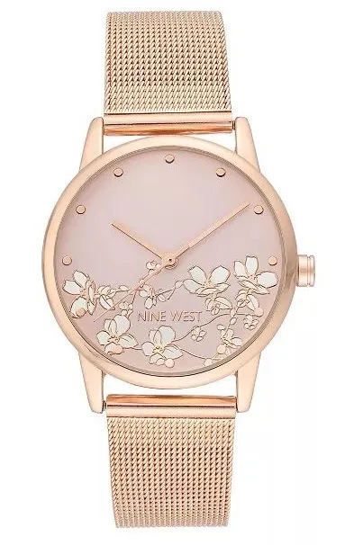 Women's Quartz Rose Gold-Tone Stainless Steel Mesh Band and Flower Watch, 35mm