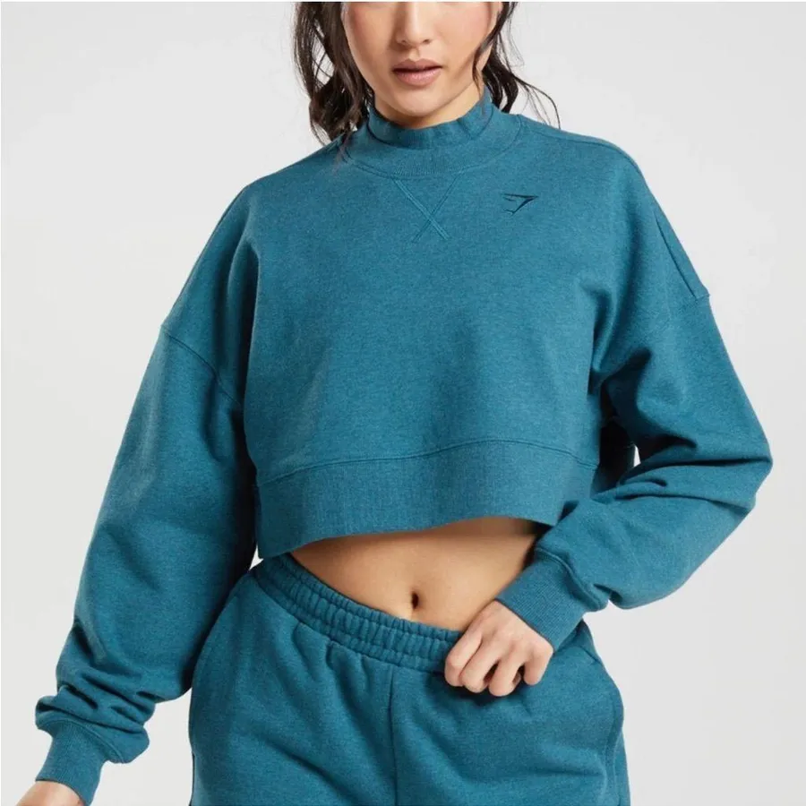 GYMSHARK Rest Day Sweats Crop Pullover Sweater - Steel Blue Marl Size L