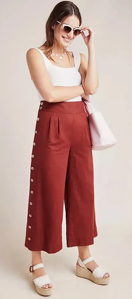 Anthropologie Wide Leg High Waist Linen Pant Button Leg Detail Size 4