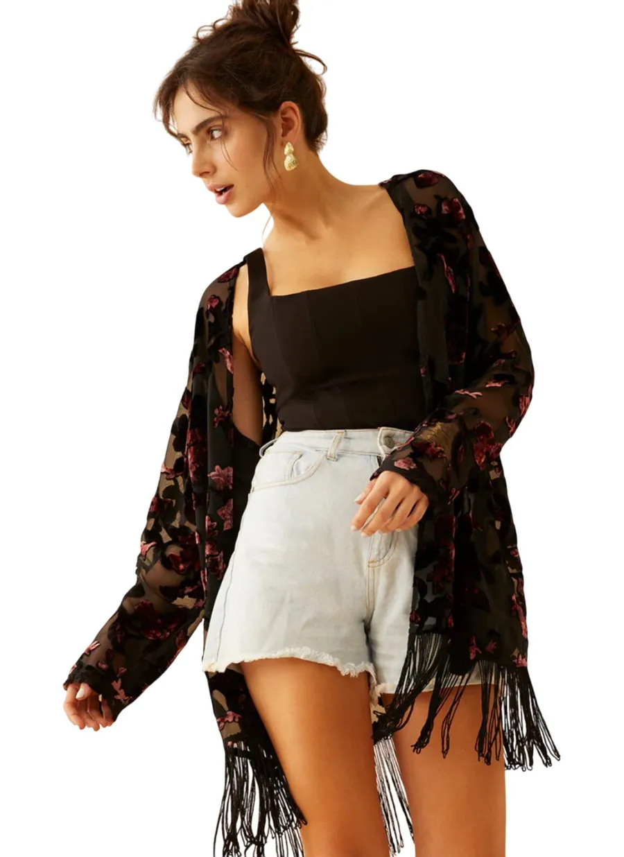 NWT Boho Fringed Burnout Velvet Kimono Jacket by Bohera Medium Brown