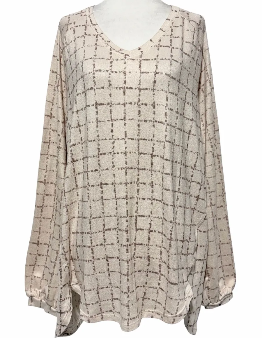 Cuddl Duds Comfort Code Grid Print Brushed Knit V-Neck Top Beige Brown Size XL