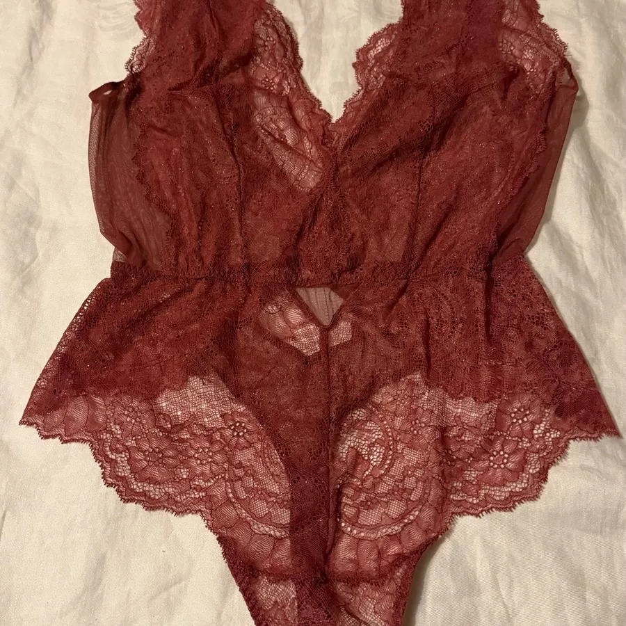Sheer Lace Plunge Chemise in Burgundy Red Size M