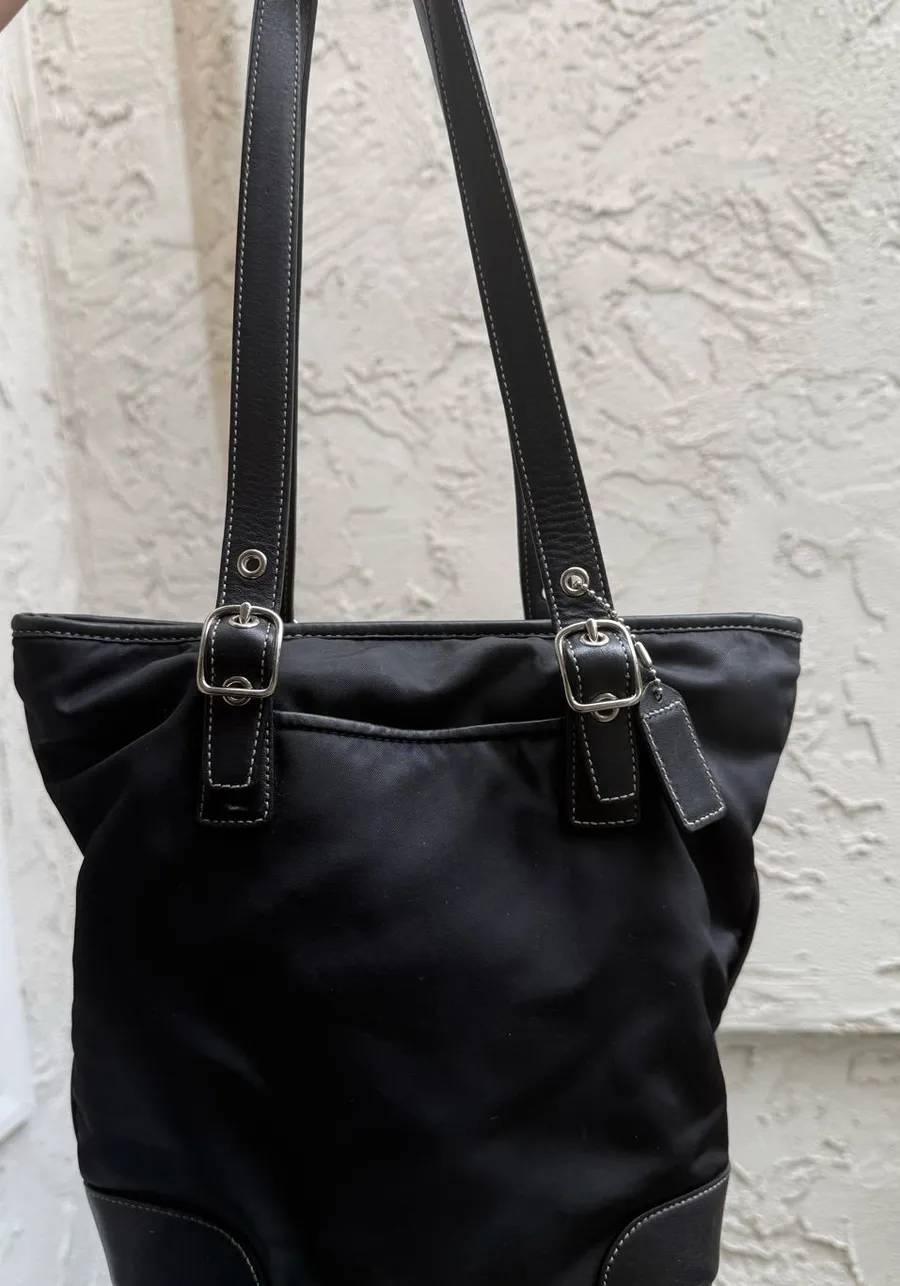 Coach Black Nylon Shoulder Tote with Leather Trim and Silver Buckles