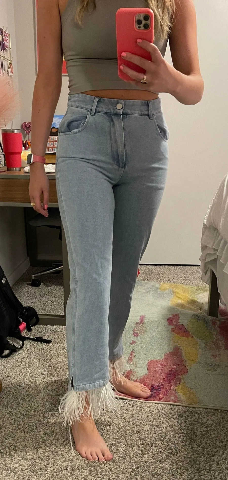Straight Leg Jeans With Feathers