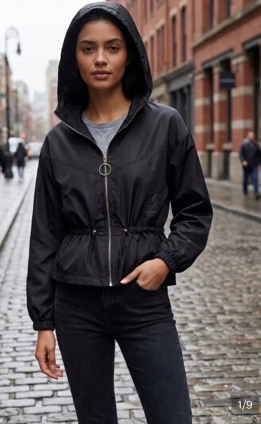 New Look Black Cinched Hooded Windbreaker Jacket