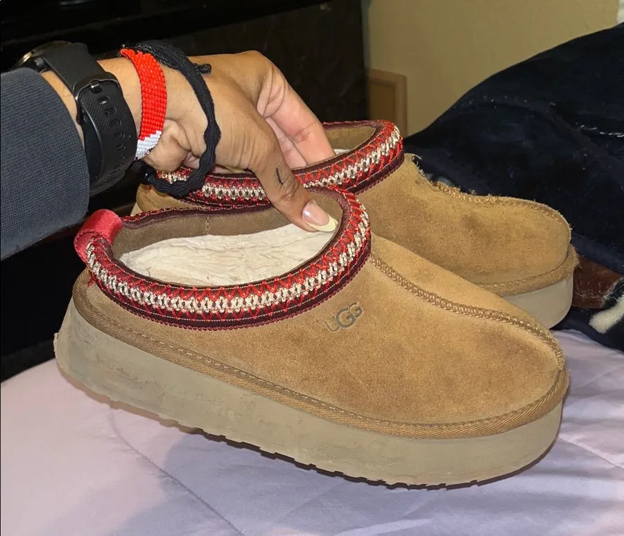 UGG Chestnut Suede Slip-On Clog with Red Trim