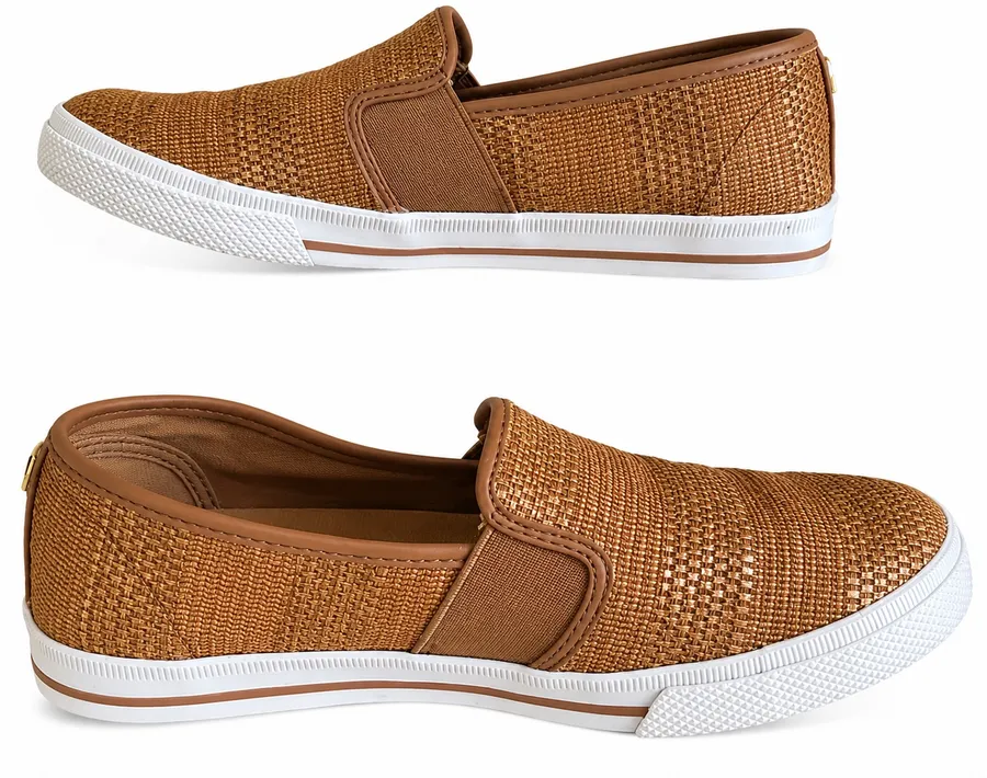956 Lauren Ralph Lauren Woven Raffia Slip‑On Sneakers Tan Gold RL Logo Women’s Size 7B Preloved Quiet Luxury Resort Chic