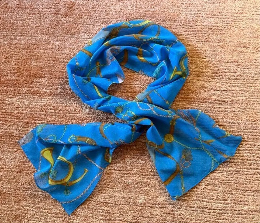 Blue Silk Equestrian Print Scarf Horses Harness Bridle Pattern