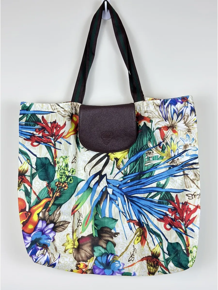 Sharif 1827 Tropical Floral Foldable Nylon Tote Bag Large Travel Beach Shopper Brown