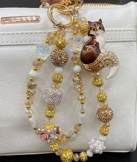 🦊 Brown Fox Bag Charm Chain, Phone Chain, Keychain Bling Crystal Beads, Gold