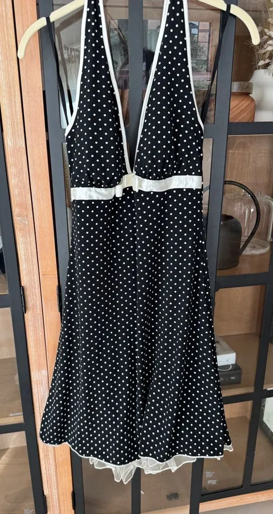 Vintage Y2K Polka Dots Halter Dress Empire waist bow Tulle Hem retro midi sexy