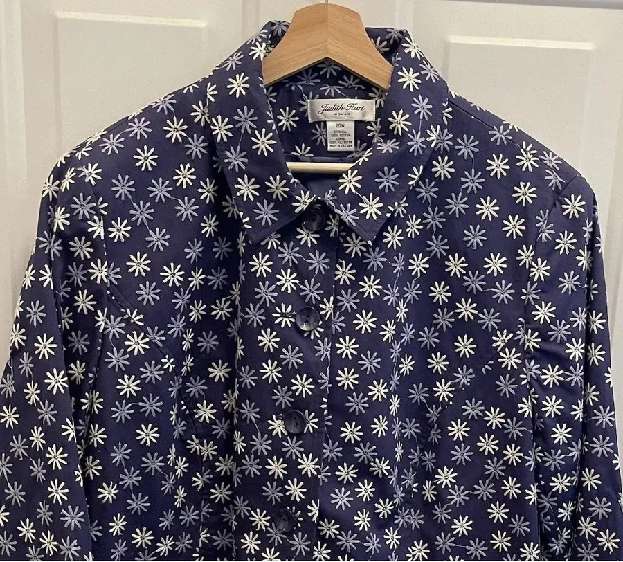 JUDITH HART Limoges Blue Cotton Blazer Jacket Embroidered Womens 20W Career NEW