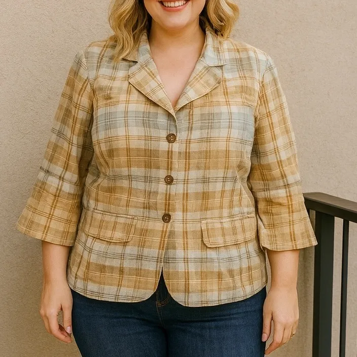 Tommy Hilfiger Cream Plaid Peplum Short Sleeve Jacket Women's Size 24