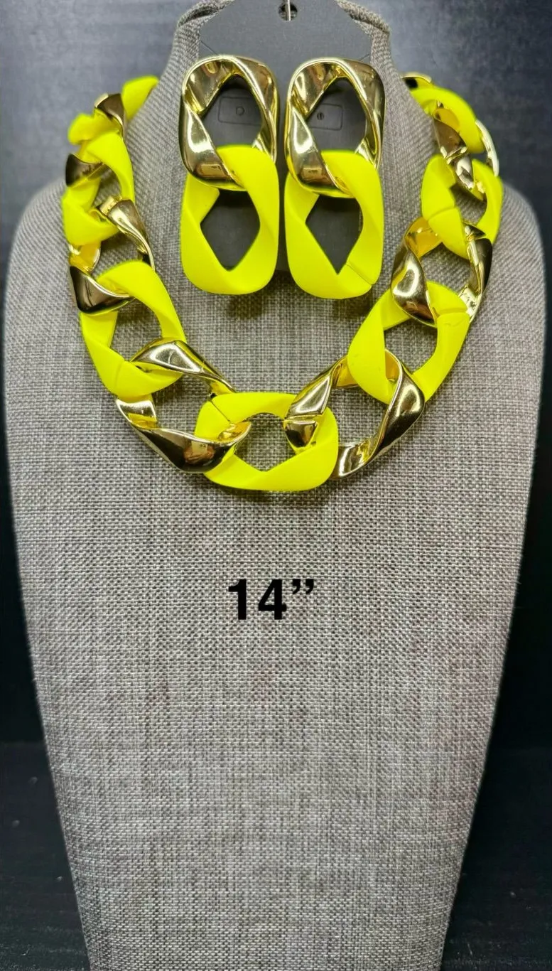 Neon Yellow & Gold Link Necklace and Earring Set
