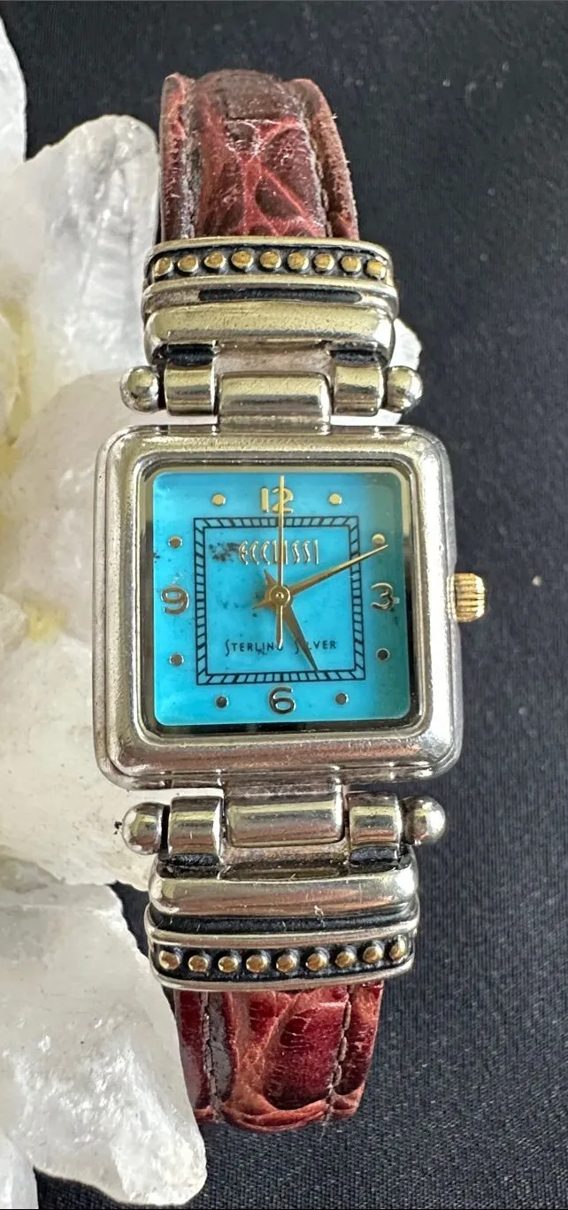 Ecclissi EUC genuine turquoise & 925 sterling watch. Genuine leather band Blue