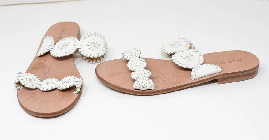 Jack Rogers Lauren Leather Double Strap Open Toe Flat Sandals Shoes White 8.5