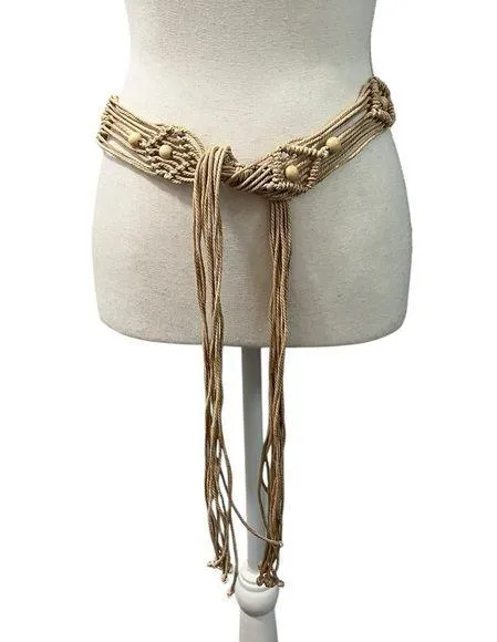 Bohemian Macrame Braided Weave Belt Tassels Beaded OS Tan