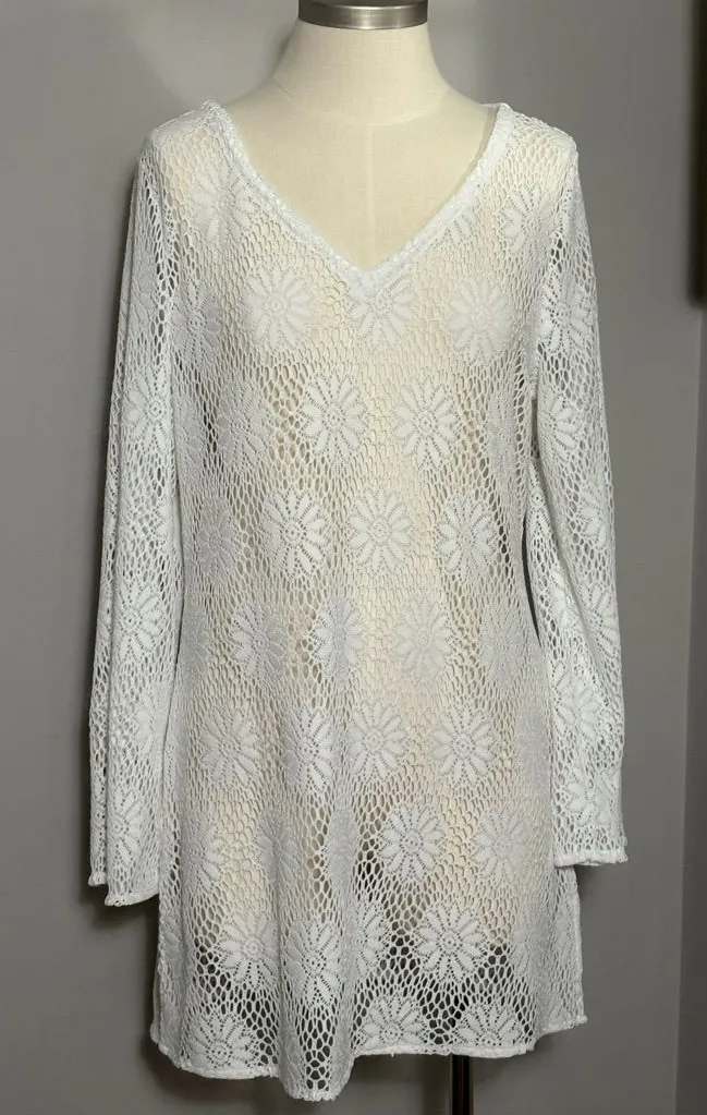 Sonoma Medium White Crochet V Neck Swim Coverup