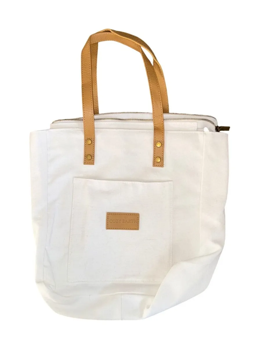 Cozy Earth Canvas Tote Bag Women Large Cream Tan Excellent Zippered Travel Carry