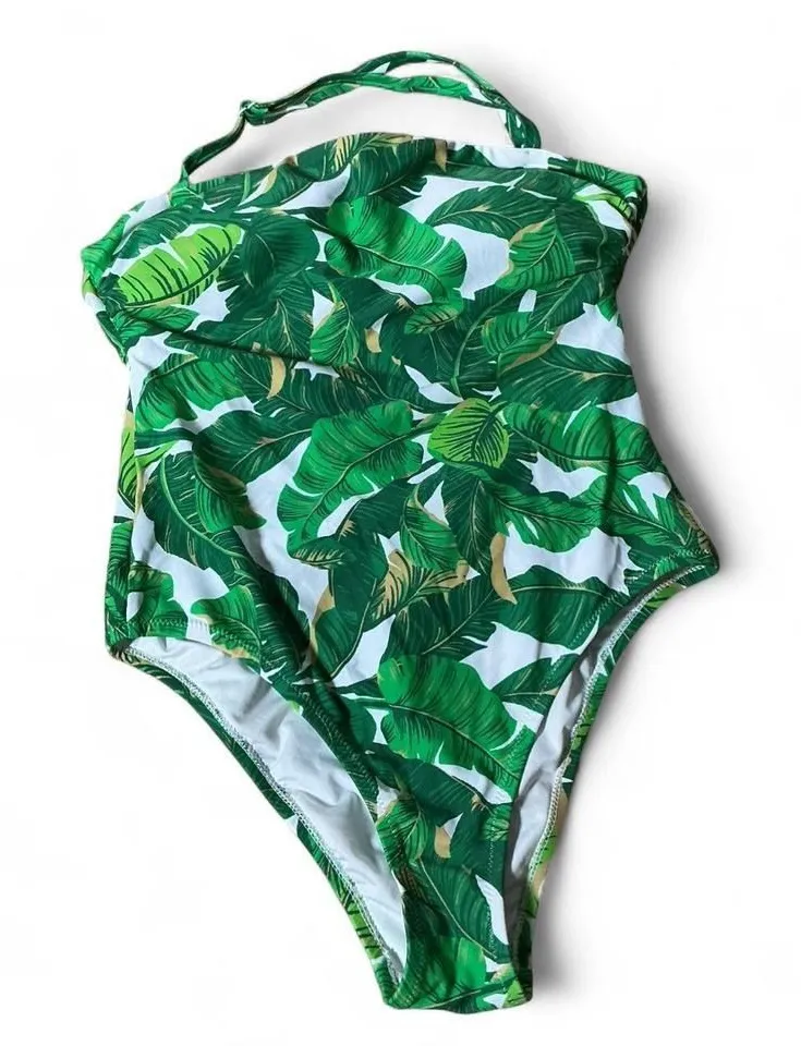 Love & Sports Womens XS Green Tropical Palm Leaf One Piece Swimsuit LS2890TR
