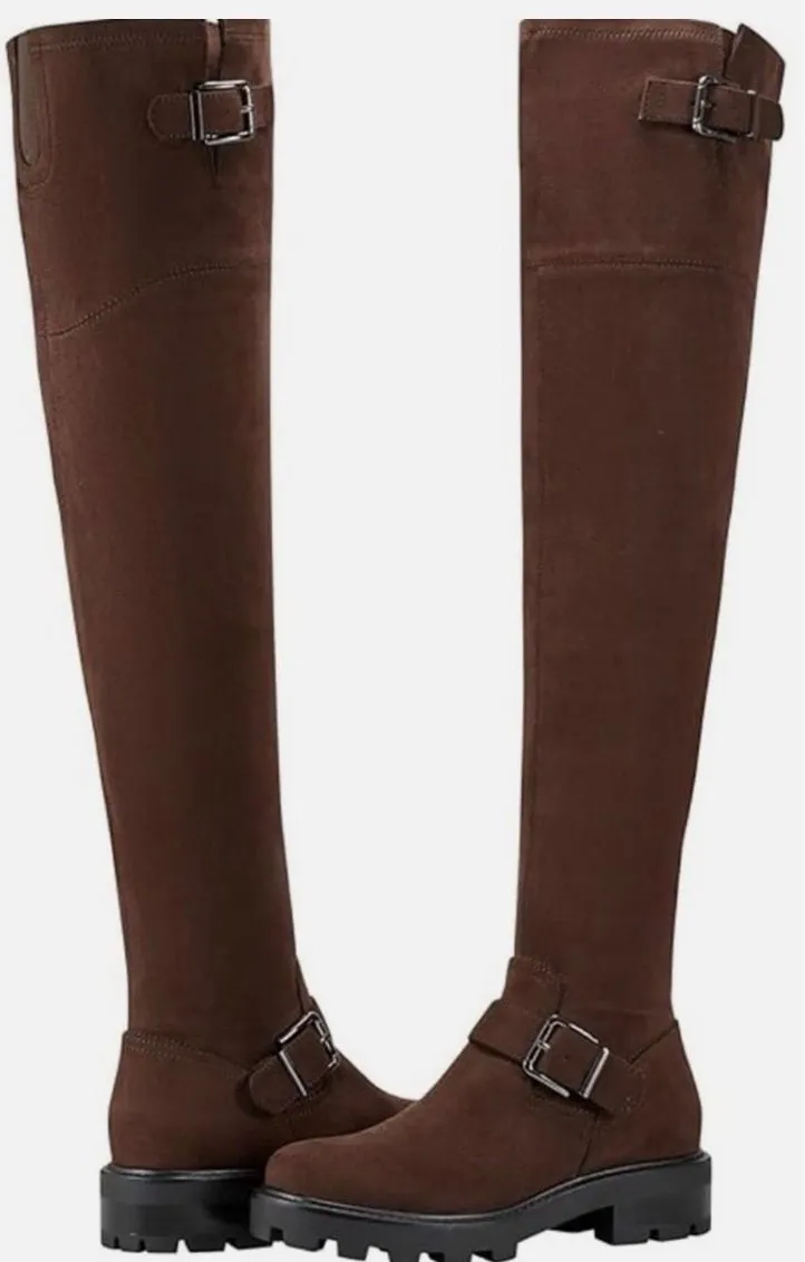 Marc Fisher LTD Ganven Brown Faux Leather Over The Knee Lug Sole Buckle Boots 7M Size 7