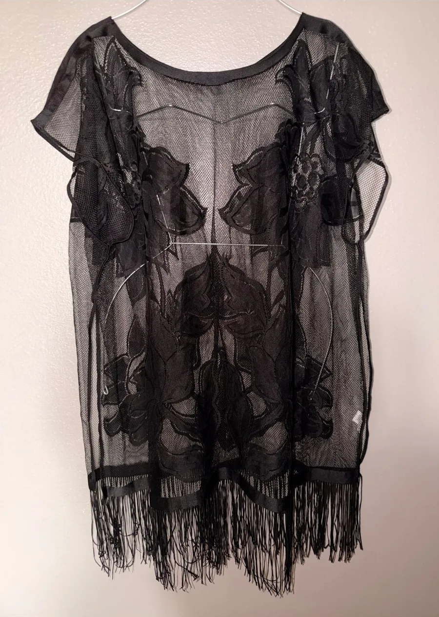 Black Sheer Floral Fringe Swim Coverup