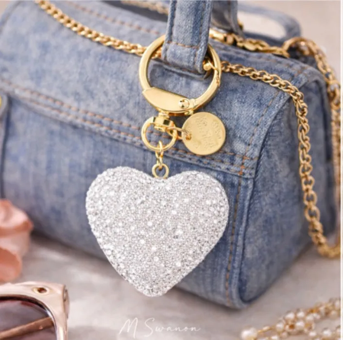 White Pavé Rhinestone Heart Bag Charm Keychain Gold Tone