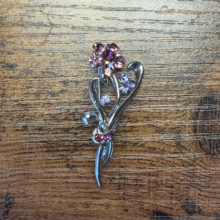 Floral pink and purple silver flower brooch pin
