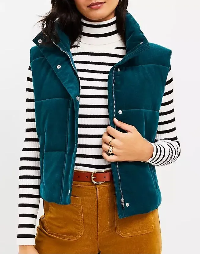 LOFT Micro Corduroy Cotton Teal Sleeveless Puffer Vest Size Medium