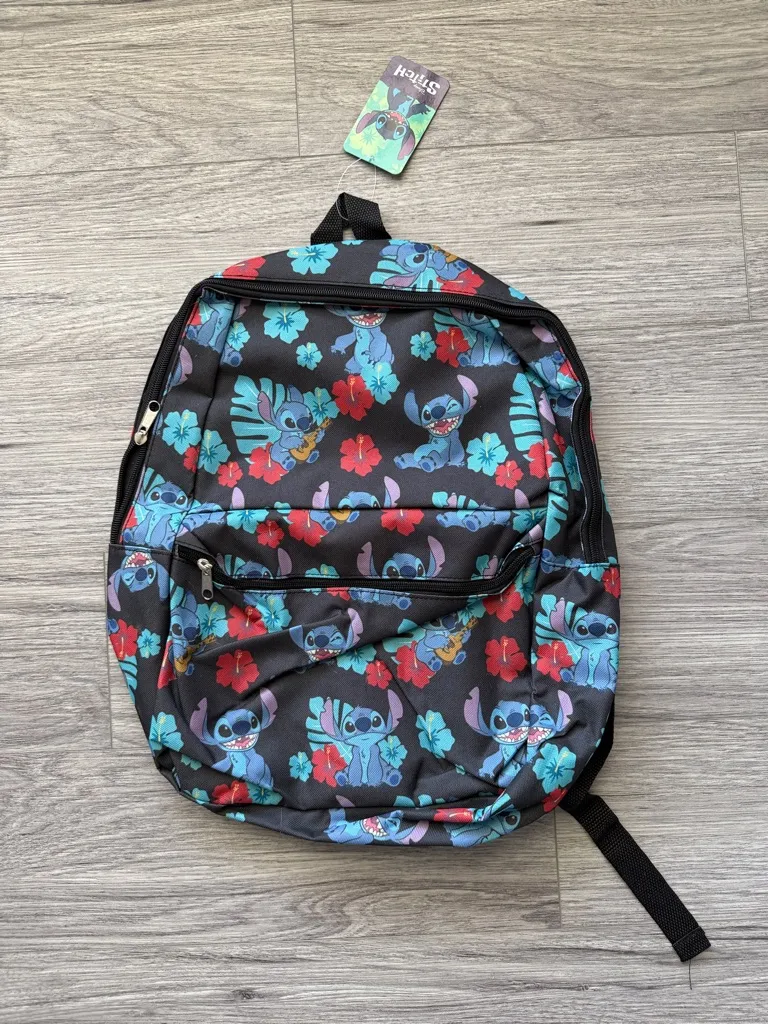 Disney Black Backpack with Blue Stitch and Red Floral Accents